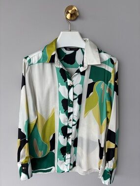 Zara Green, White & Black SATIN EFFECT Abstract Print Button-Down Shirt